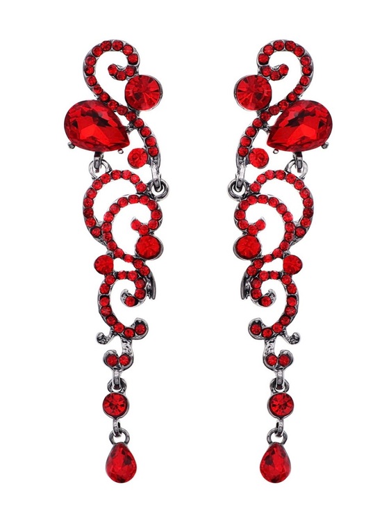 Jewelry - Red Rhinestone Baroque Chandelier Earrings Gothic Scroll Dangle Statement NEW
